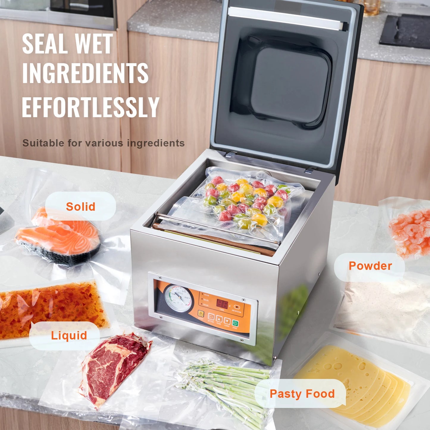 Chamber Vacuum Sealer 260W Vacuum Packing Machine with 10.2" Sealing Length for Wet Foods Meats Home Kitchen