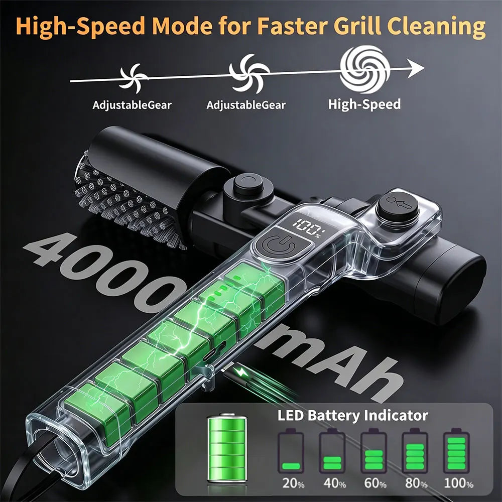 BBQ Grill Brush 3-Speed Settings Electric Grill Brush,180° Adjustable Head,90 Mins Grill Cleaner for Outdoor Griddles Smokers