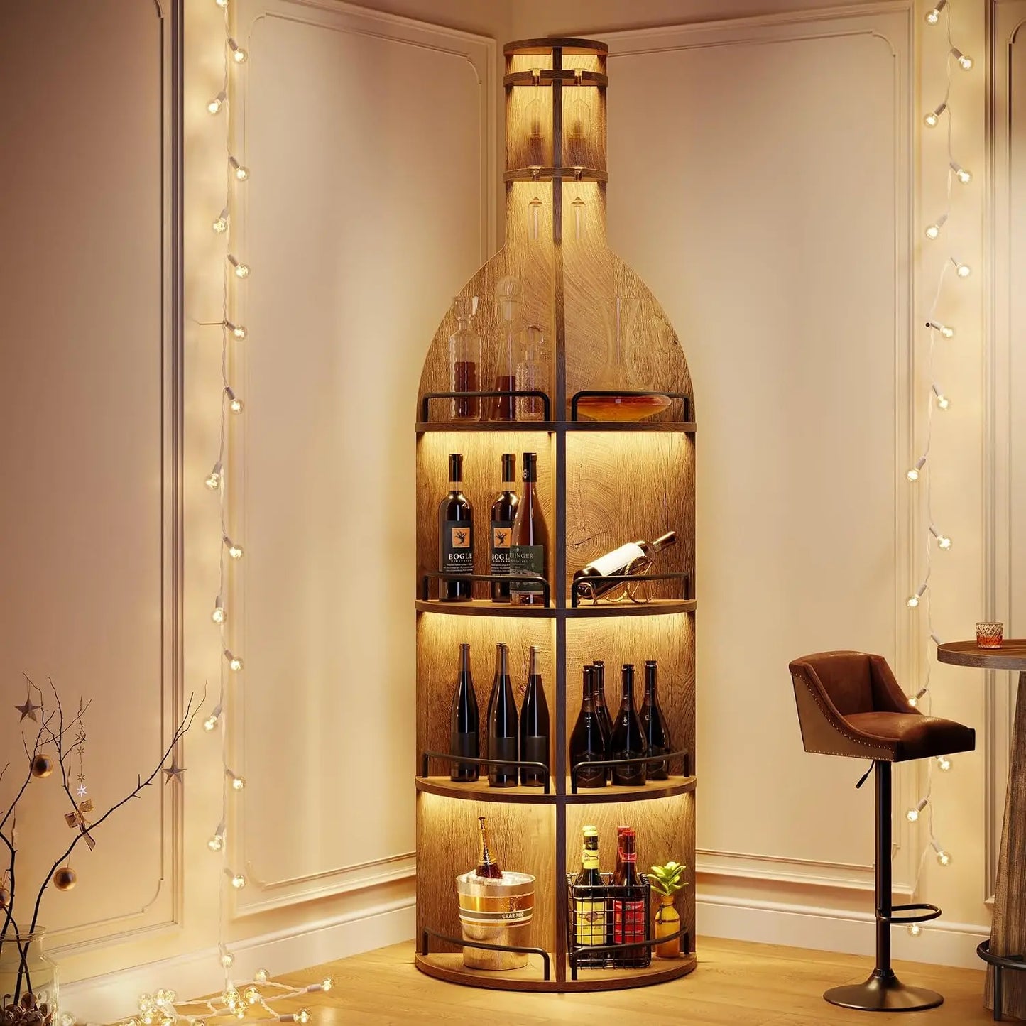 75 Inch Tall Freestanding Round Wine Storage Cabinet in Brown, Industrial Style Liquor Display Rack with Multi-Tier Storage Shelves & Built-In Hanging Goblet Holder, No Light Beverage Bar Station for Living Room & Basement