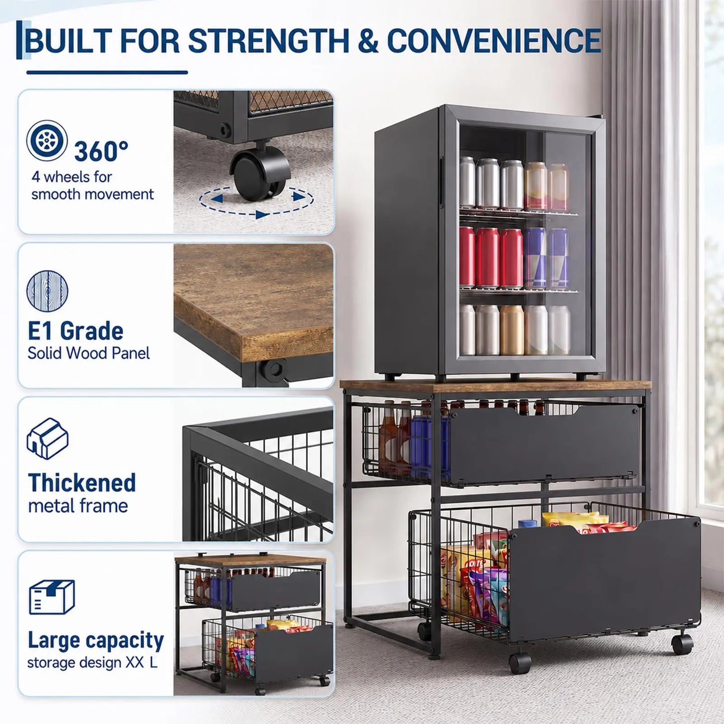 Small Fridge Stand With Metal Storage Drawer Basket And Steel Frame 4 Wheels 300 Lbs Capacity Brown Compact Multi-Functional Kitchen Organizer Table For Mini Fridge In Dorm And Office