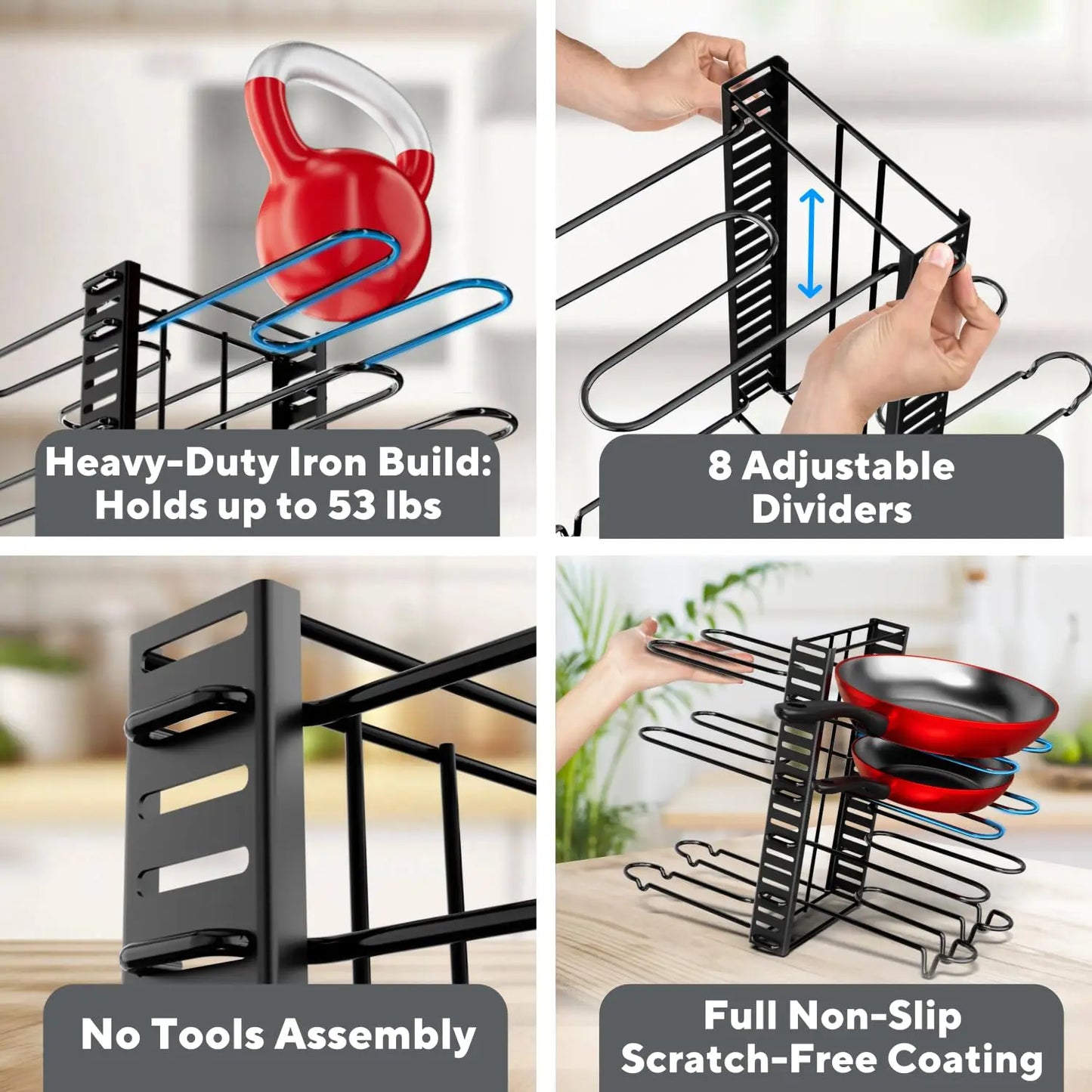 Pot Rack Organizer, 8 Tier Pots and Pans Organizer for Kitchen Organization & Storage, Adjustable Pot Lid Holders & Pan Rack