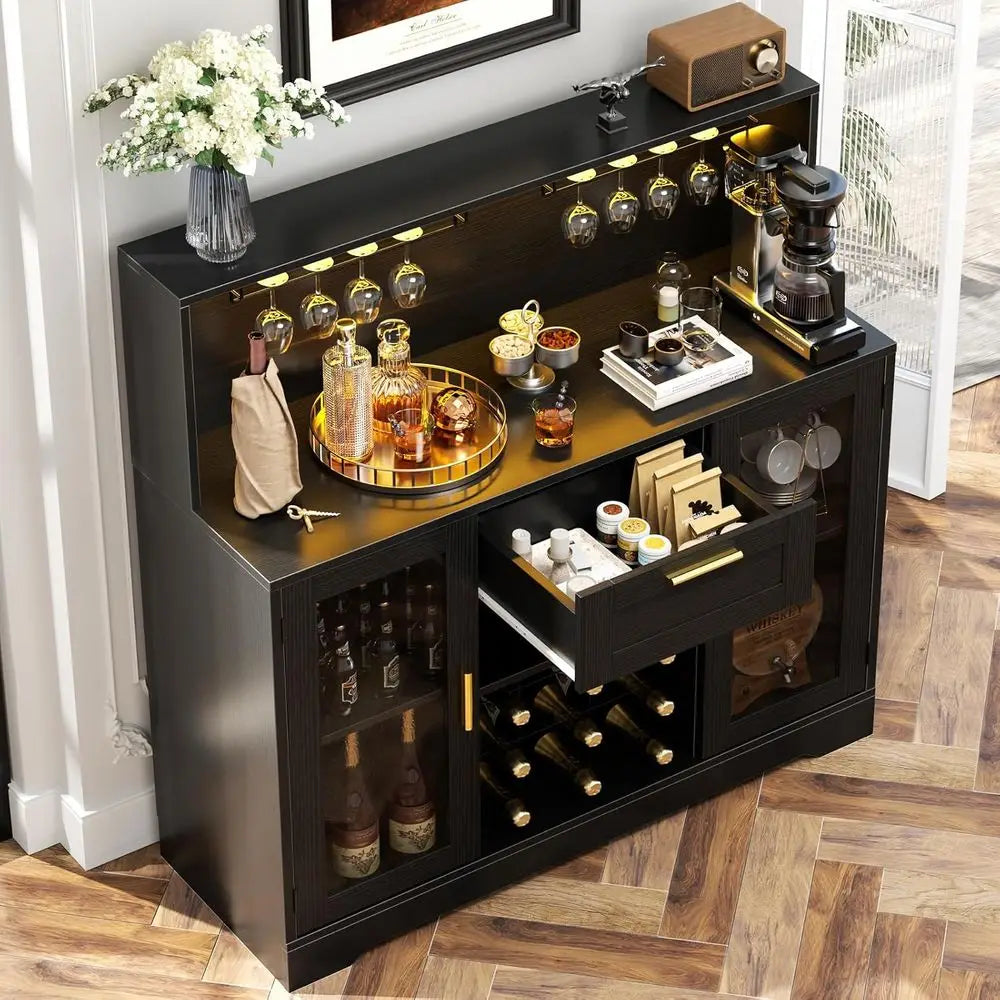 Wine Bar Cabinet with LED Light, Liquor Cabinet with Wine Rack and Glass Holder, Coffee Bar Cabinet, Sideboard Table