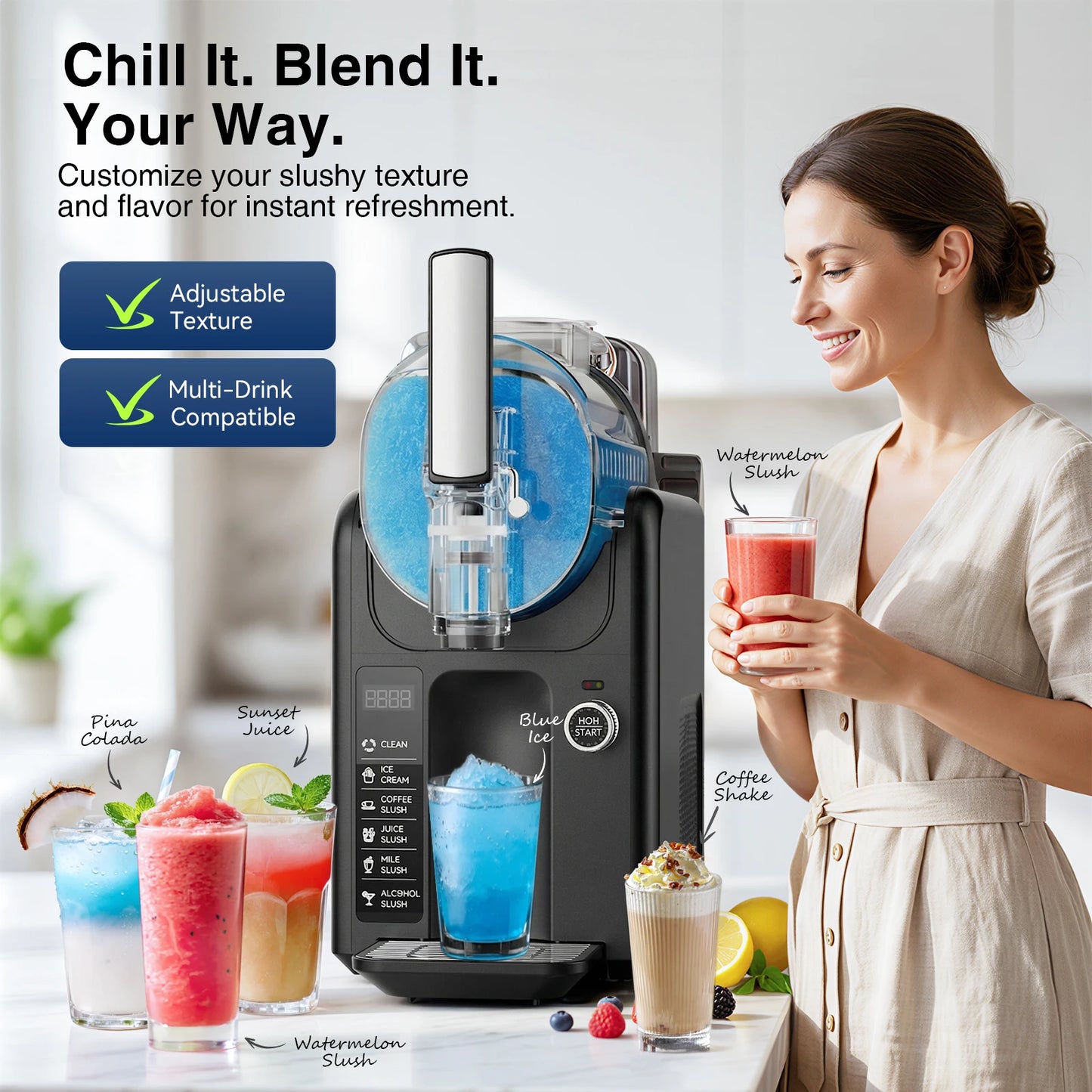 Slushie Machine for Home No Ice Needed Frozen Drink Maker with LED Display & 6 Pre-Set Programs,Quiet Compressor Slushy Machine