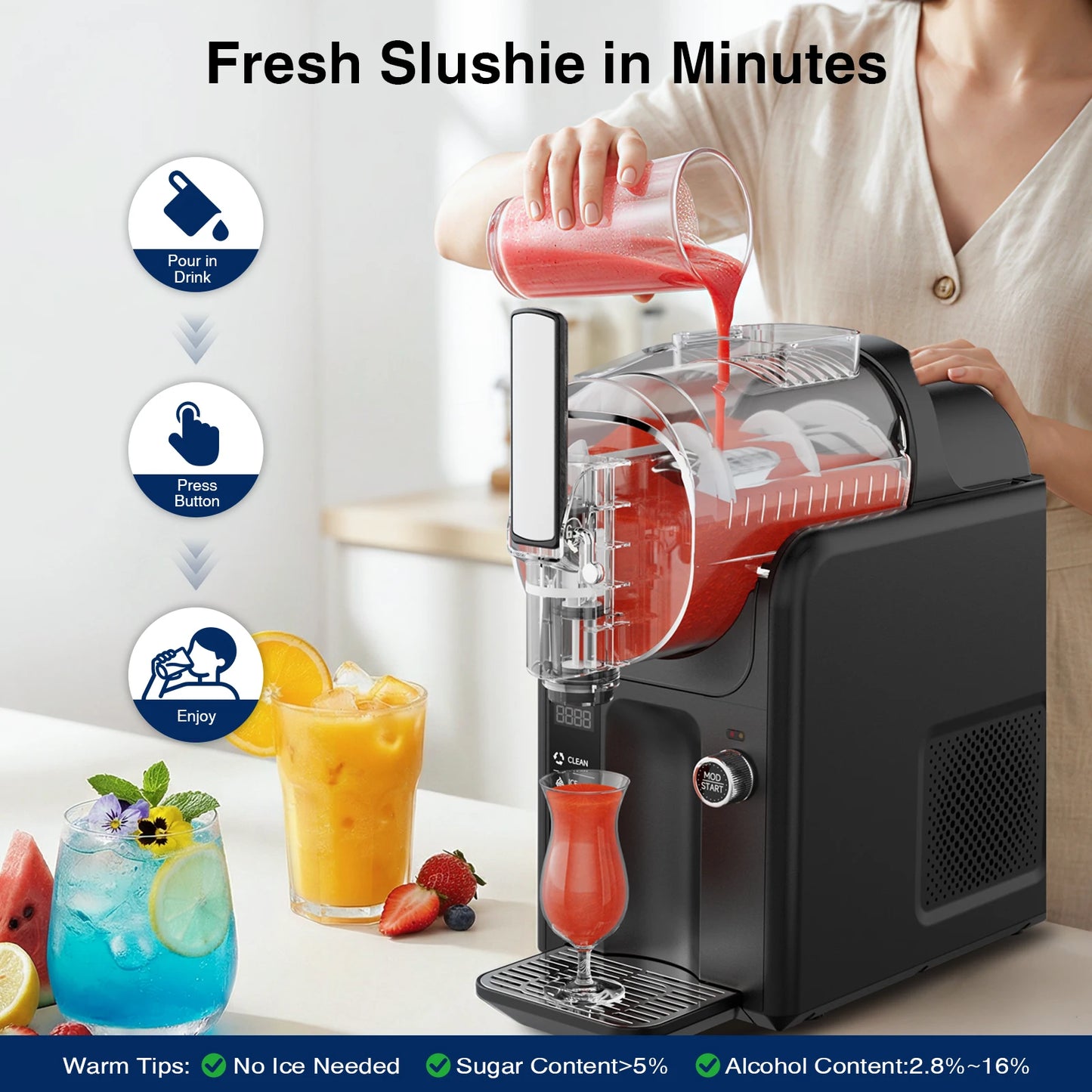 Slushie Machine for Home No Ice Needed Frozen Drink Maker with LED Display & 6 Pre-Set Programs,Quiet Compressor Slushy Machine