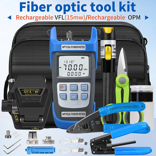 Fiber Optic Tool Kit With AUA-6C Fiber Cleaver Fiber Stripper Rechargeable Optical Power Meter 15MW Visual Fault Locator