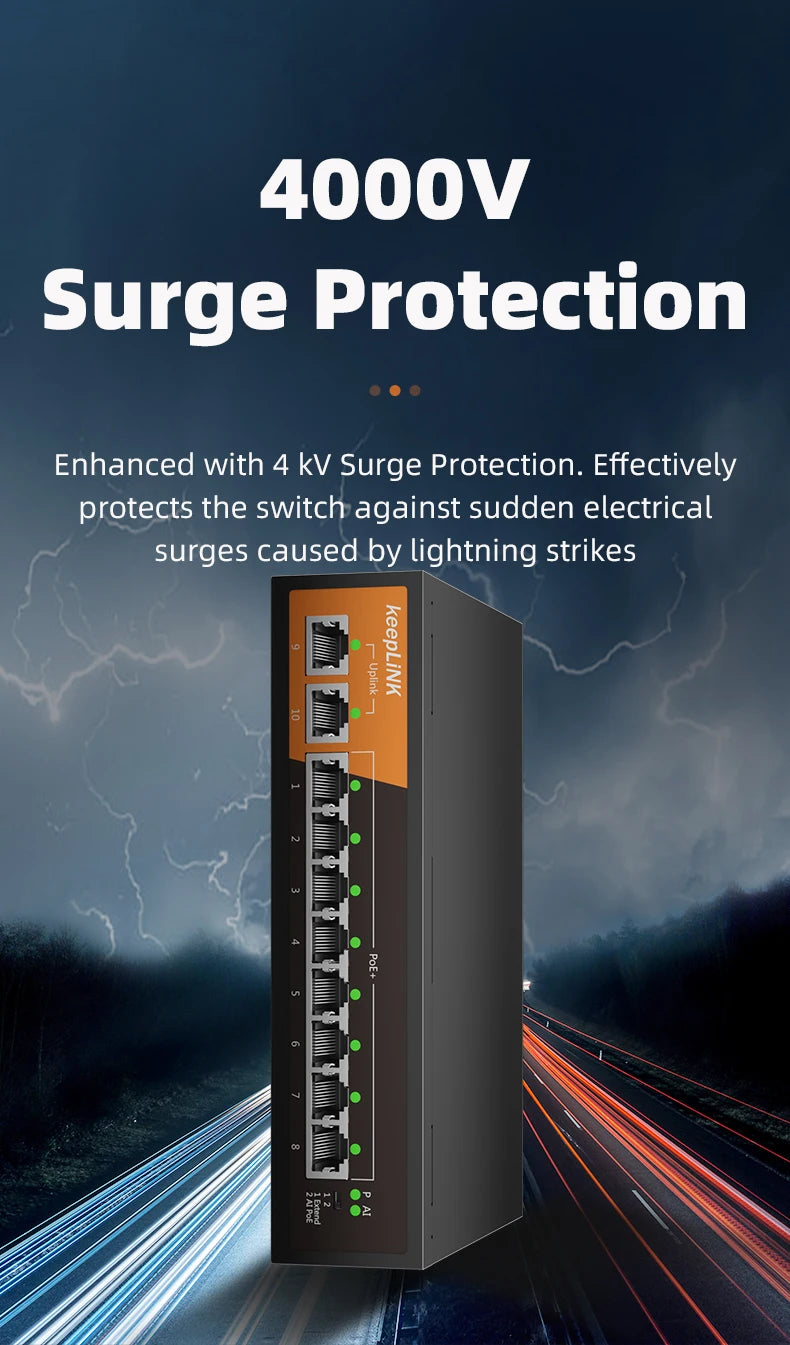 KeepLiNK 10-Port Gigabit Ethernet Switch with 8-PoE Ports and 2-RJ45 Copper Uplink Plug and Play