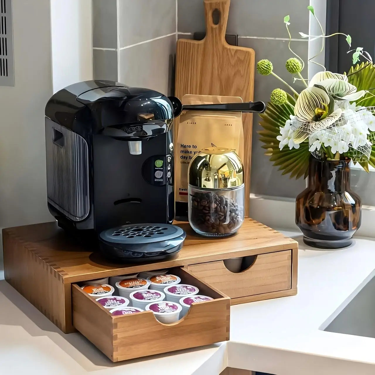 Solid Wood Coffee Station Drawer Storage Rack Capsule Tea Bag Holder
