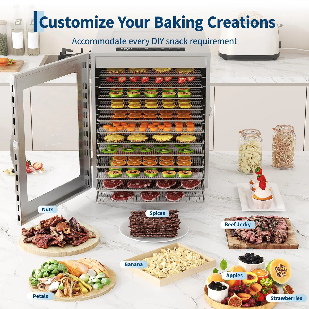 Food Dehydrator 12 Stainless Steel Trays 820W Jerky Dehydrator 85-170F 24H Timer For Meat Fruit Veggies Dog Treats