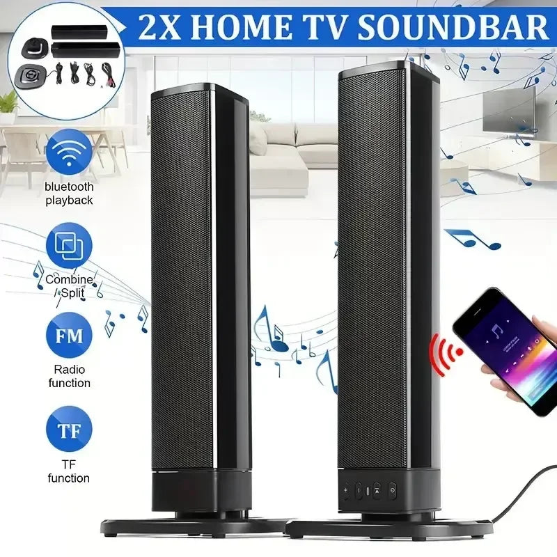Detachable Home Sound Bar with FM Radio Audio Surround Stereo Bass Powerful 20W Speaker USB TF Card Bluetooth Soundbar for TV PC