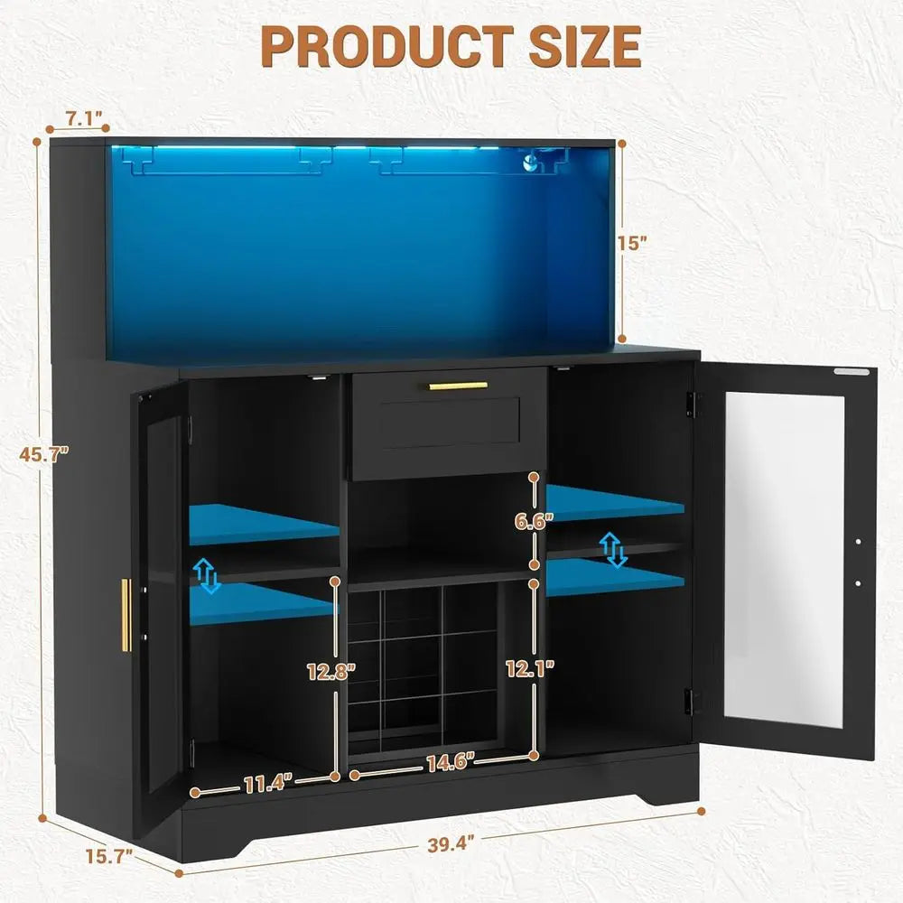 Wine Bar Cabinet with LED Light, Liquor Cabinet with Wine Rack and Glass Holder, Coffee Bar Cabinet, Sideboard Table