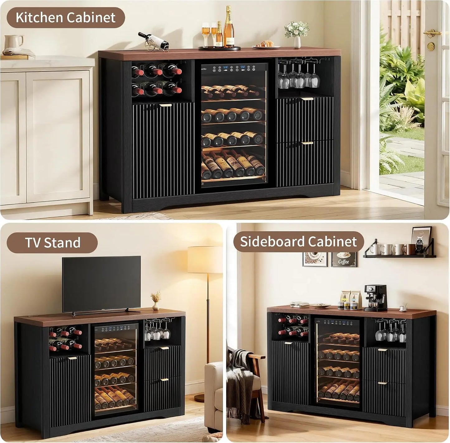 53 Inch Coffee Bar Sideboard with Built-in Fridge Nook, Fluted Wood Liquor Storage Cabinet Equipped with Wine Rack & Storage Drawer, Freestanding Buffet Cabinet for Household Living Space, Dimensions 20D x 53.1W x 39.4H Black
