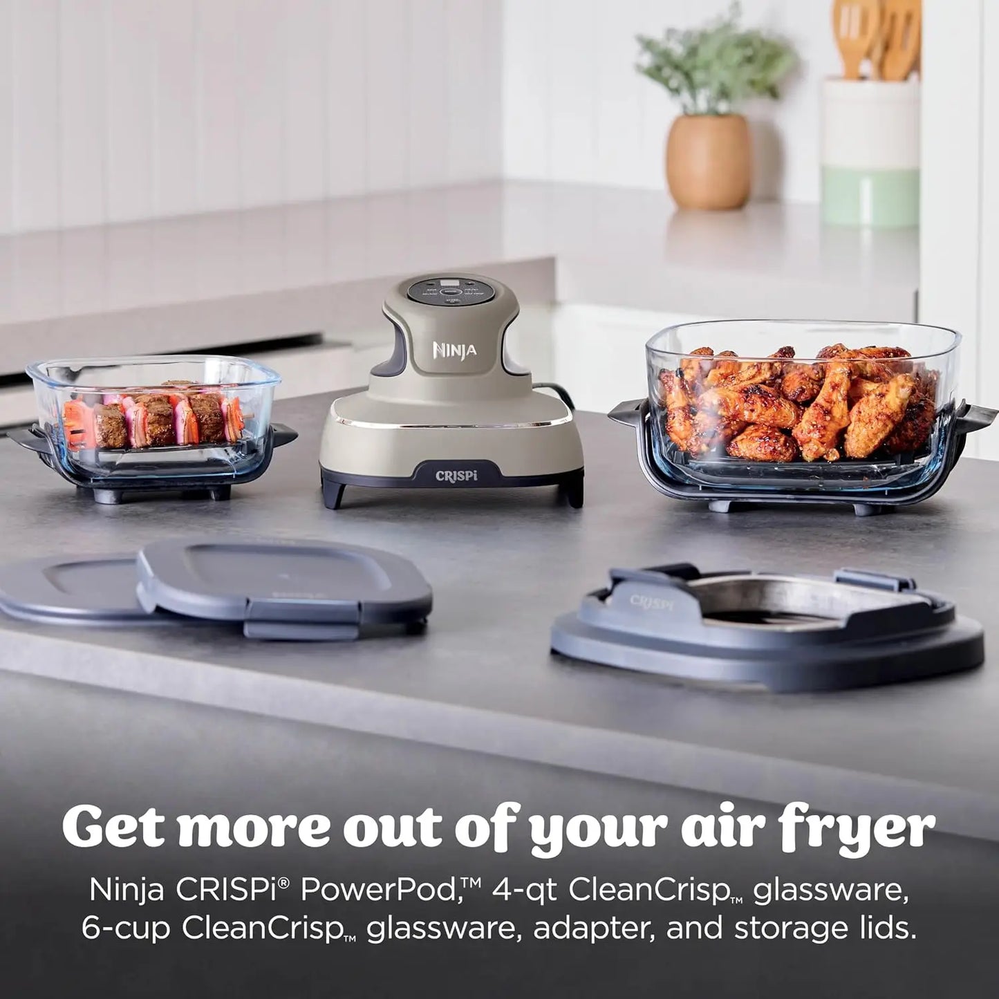 Crispi 4 in 1 Glass Air Fryer, 450°F, Non Toxic, 4QT and 6 Cup Containers with Lids, Dishwasher Safe, Stone, 1 Count, FN10