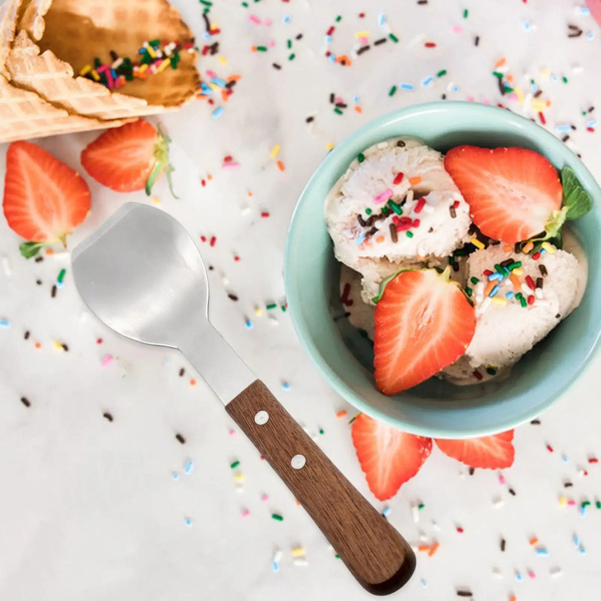 Stainless Steel Ice Cream Scoop Non Stick Flat Dessert Spade Wooden Handle Ergonomic Utensil for Watermelon Melon Baller Tasks