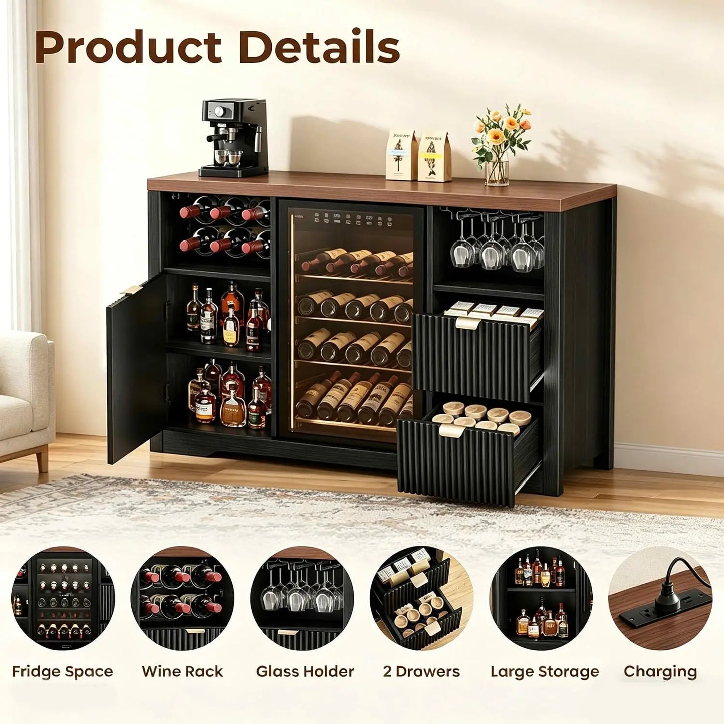 53 Inch Coffee Bar Sideboard with Built-in Fridge Nook, Fluted Wood Liquor Storage Cabinet Equipped with Wine Rack & Storage Drawer, Freestanding Buffet Cabinet for Household Living Space, Dimensions 20D x 53.1W x 39.4H Black