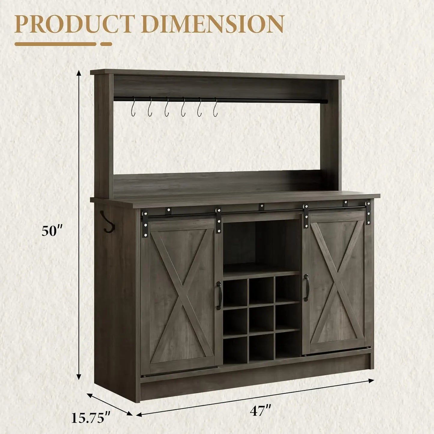 Grey 47 Inch Farmhouse Coffee Bar Cabinet with Attached Hutch, Freestanding Wine Storage Buffet Sideboard Equipped with Adjustable Inner Shelves & 9 Built-In Wine Bottle Racks, Multi-Compartment Beverage Console for Kitchen,