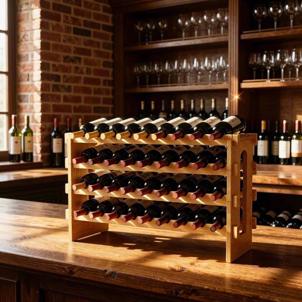 36-Bottle Stackable Wine Rack Natural Bamboo Storage Shelf Stable Organizer for 750ML Bottles Gift for Wine Lovers