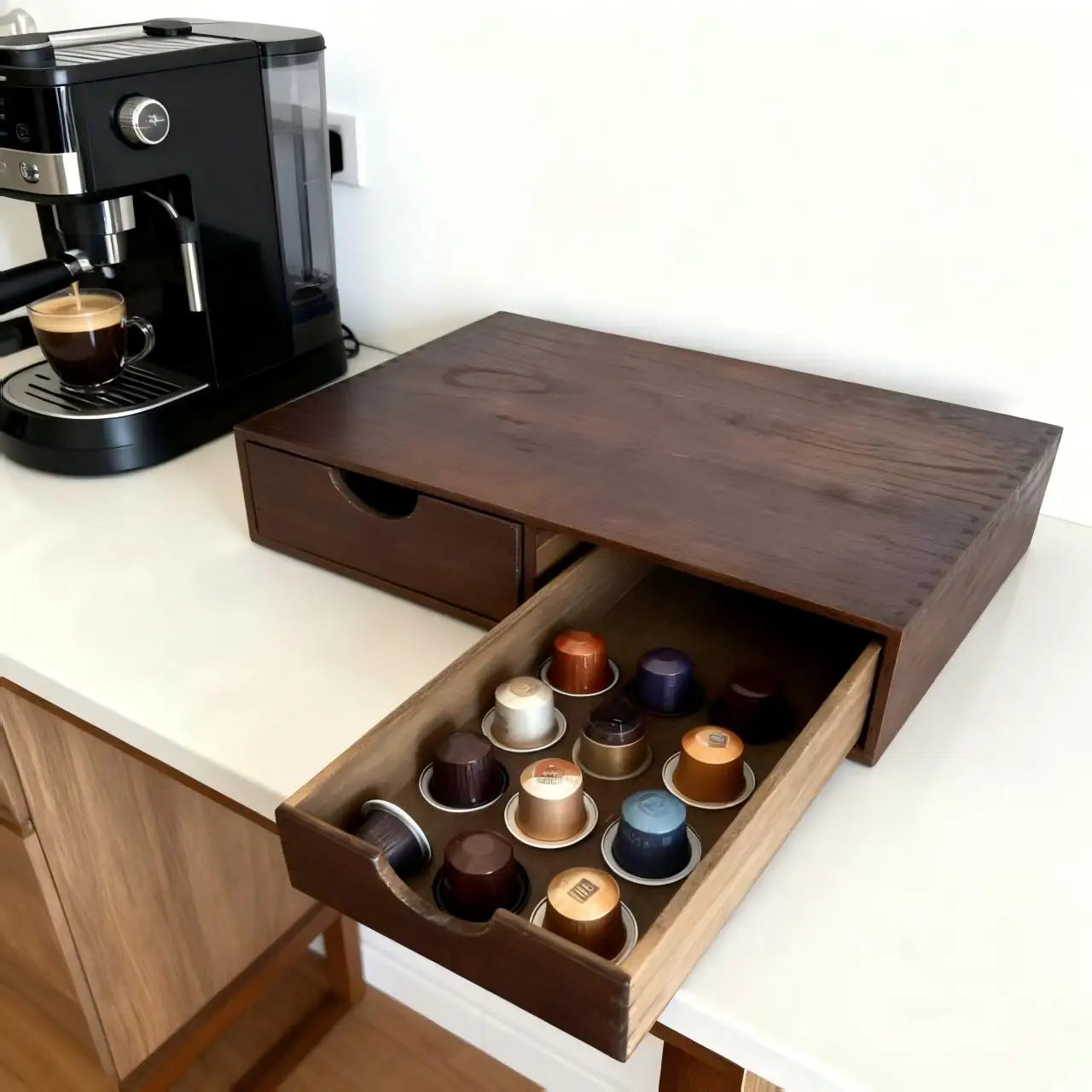 Solid Wood Coffee Station Drawer Storage Rack Capsule Tea Bag Holder