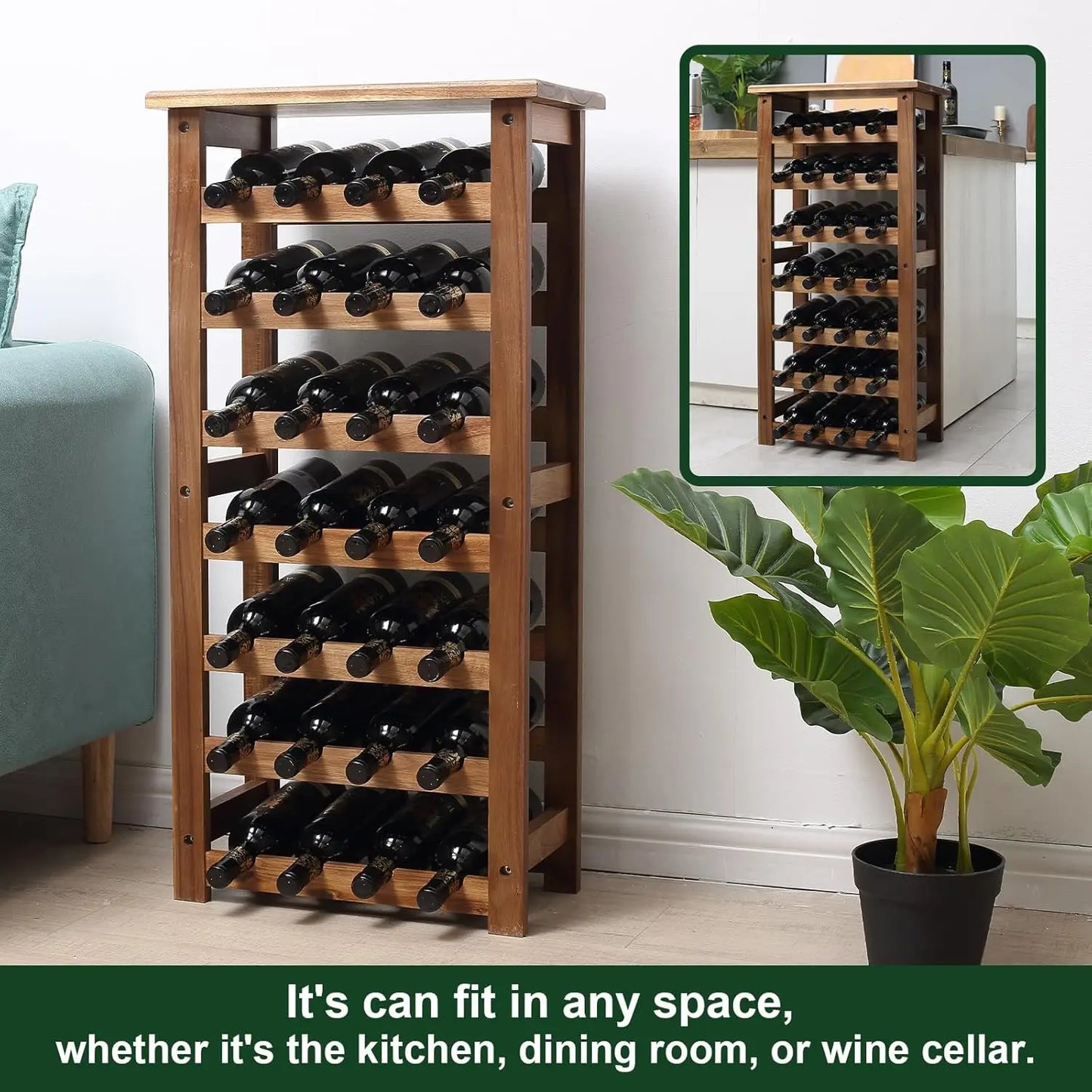 Wine Rack Wood Floor Standing 28 Bottles - 7 Tier Wooden Wine Holder Storage Organizer for Kitchen, Pantry, Wine Cellar