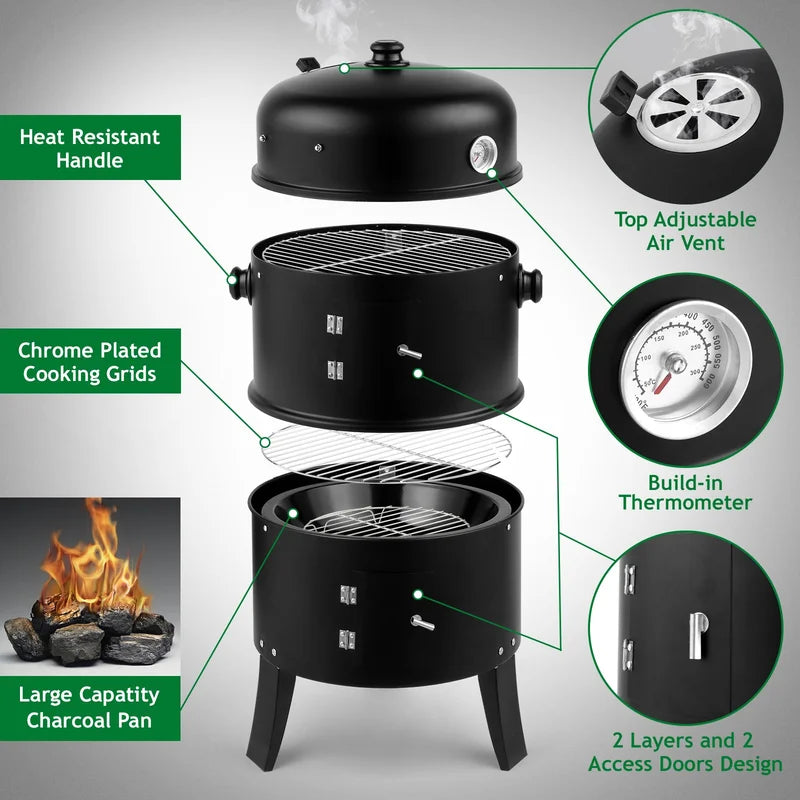 Charcoal Smoker Grill 3-in-1 Outdoor Vertical Smoker Portable Meat Cooking Appliance