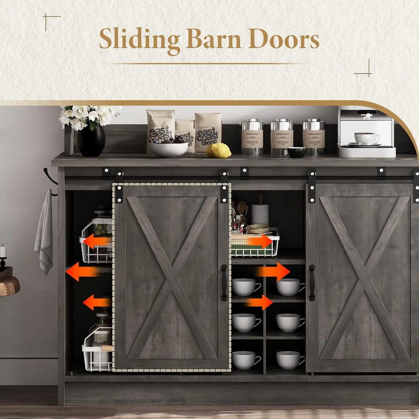 Grey 47 Inch Farmhouse Coffee Bar Cabinet with Attached Hutch, Freestanding Wine Storage Buffet Sideboard Equipped with Adjustable Inner Shelves & 9 Built-In Wine Bottle Racks, Multi-Compartment Beverage Console for Kitchen,