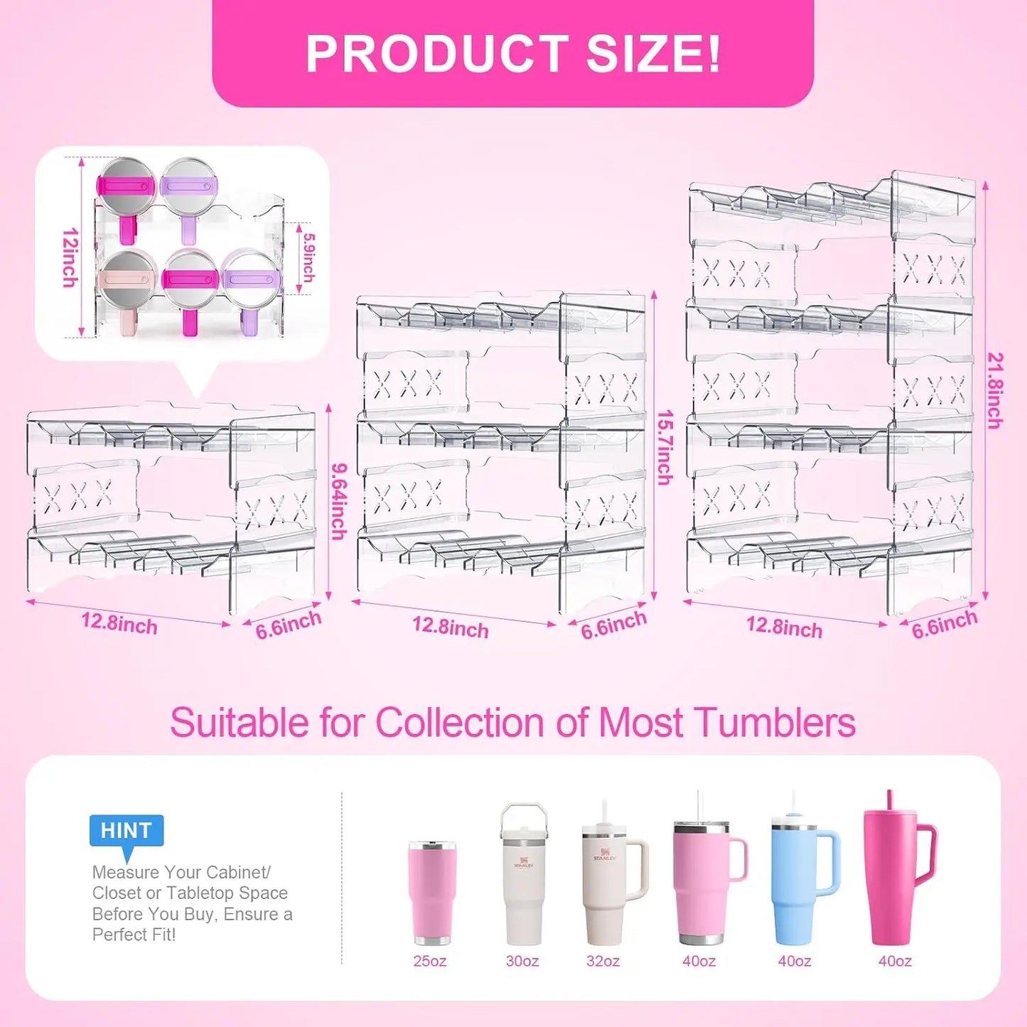 Tumbler Organizer, Acrylic Water Bottle Storage For Full Stanley 40oz Tumbler, Stackable Handle Cup Holder For Home Kitchen Pantry Countertop Cabinet