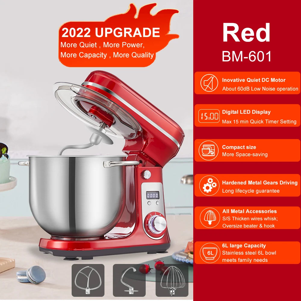Kitchen Food Stand Mixer, Blender, Quiet Motor, Cream Egg Whisk, Whip Dough Kneader, 6-Speed, 1200 W, 6 L, DC
