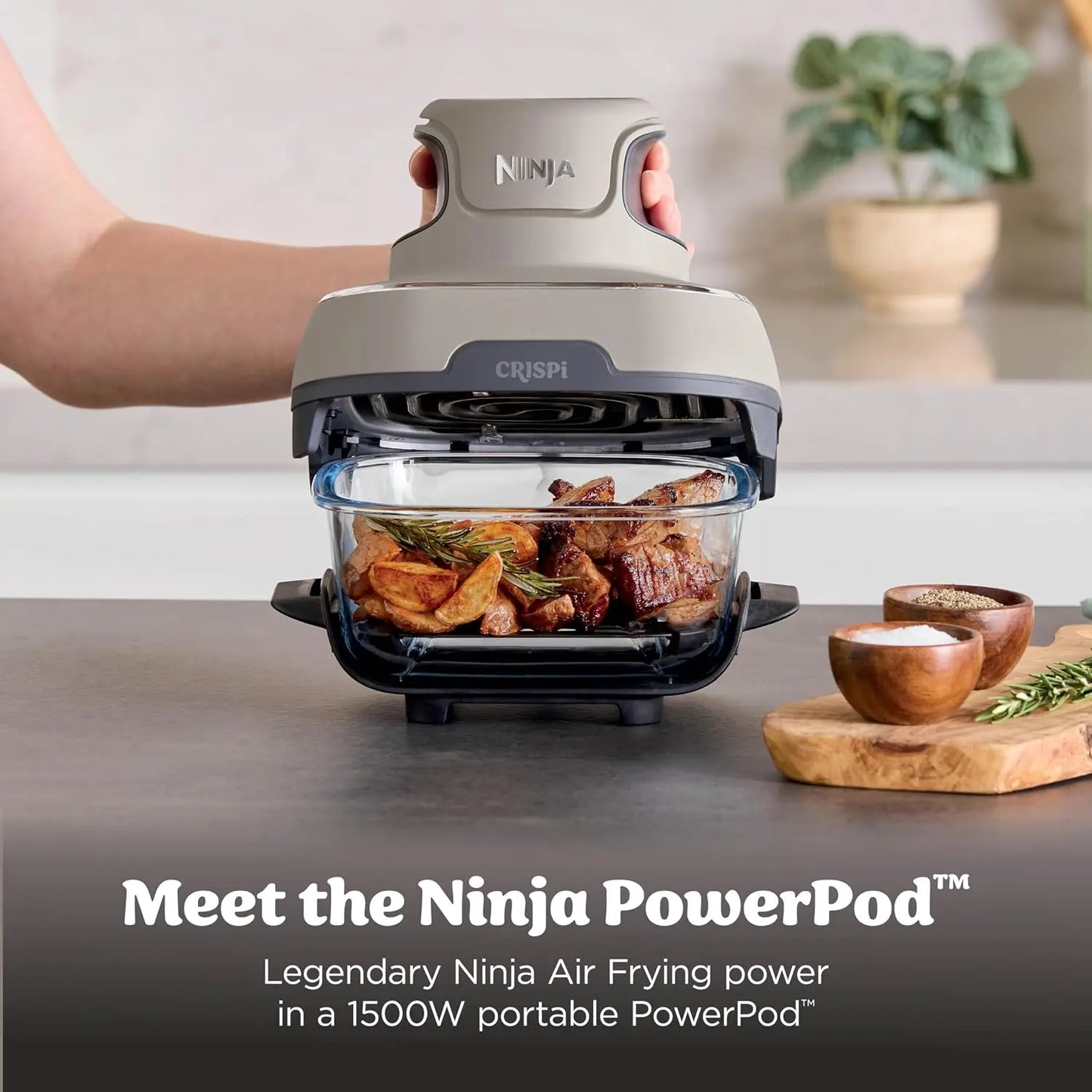 Crispi 4 in 1 Glass Air Fryer, 450°F, Non Toxic, 4QT and 6 Cup Containers with Lids, Dishwasher Safe, Stone, 1 Count, FN10