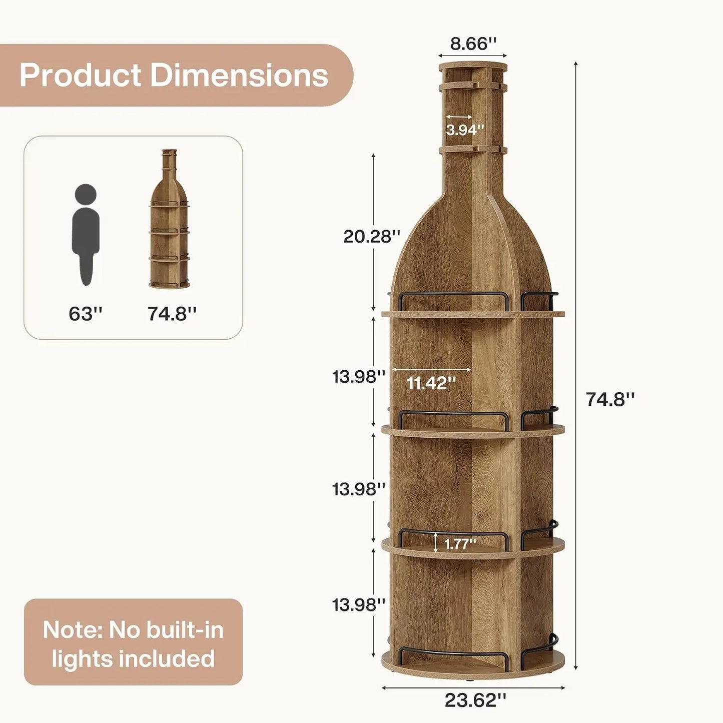 75 Inch Tall Freestanding Round Wine Storage Cabinet in Brown, Industrial Style Liquor Display Rack with Multi-Tier Storage Shelves & Built-In Hanging Goblet Holder, No Light Beverage Bar Station for Living Room & Basement