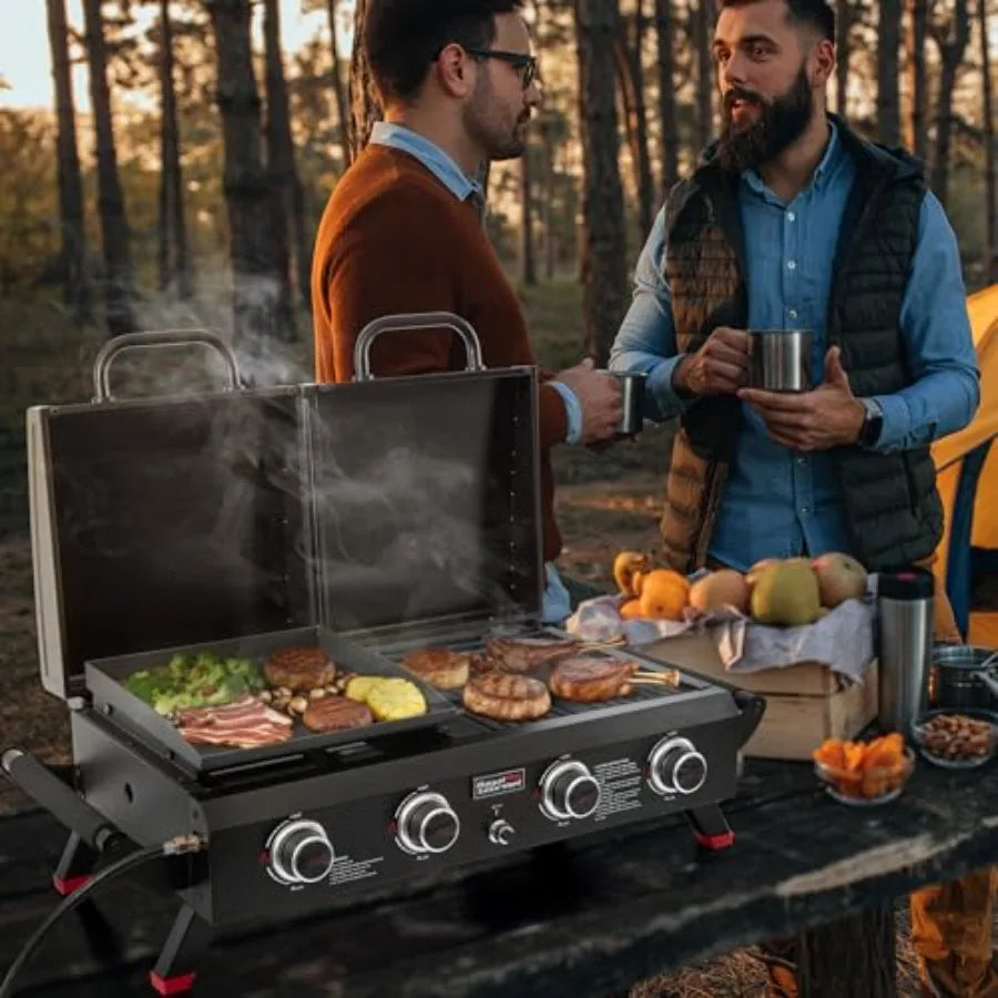 4 Burner Propane Gas Grill and Griddle Combo with Hood, 2-in-1 Portable Grill Griddle Combo with 40, 000 BTUs Output