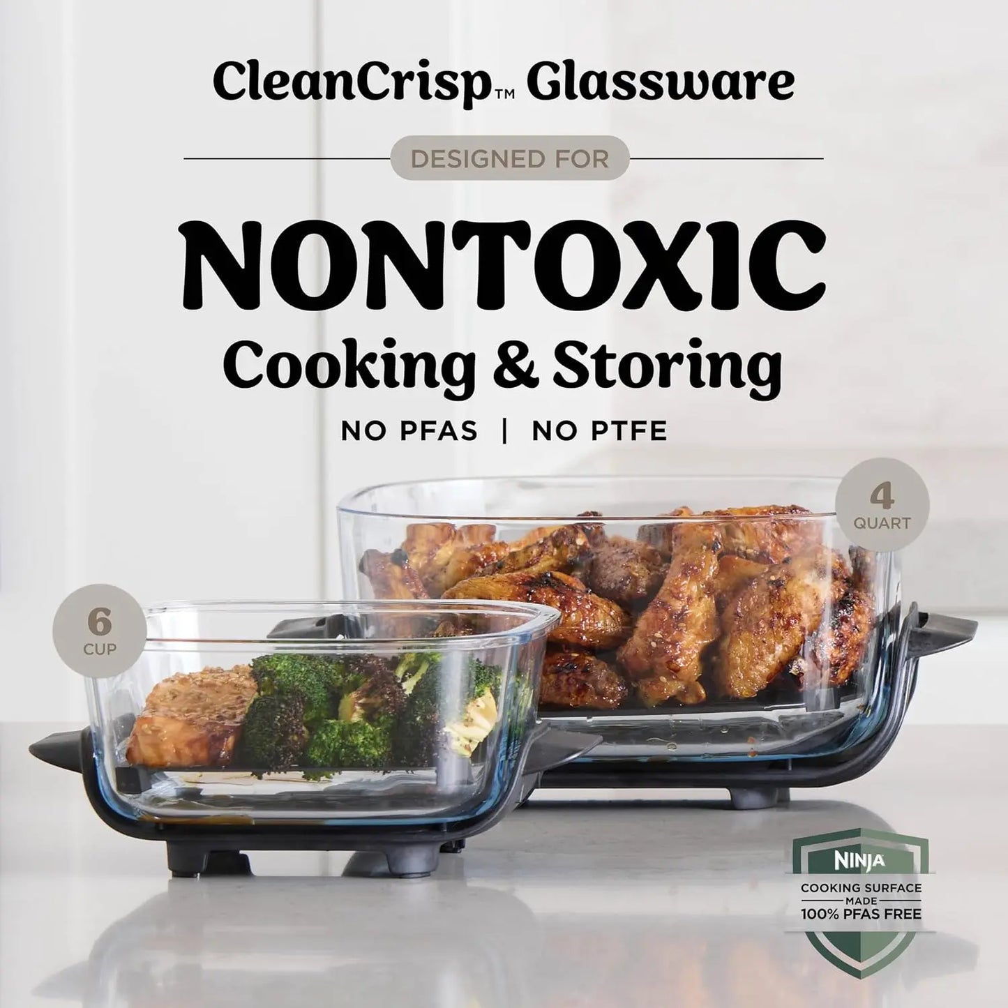 Crispi 4 in 1 Glass Air Fryer, 450°F, Non Toxic, 4QT and 6 Cup Containers with Lids, Dishwasher Safe, Stone, 1 Count, FN10