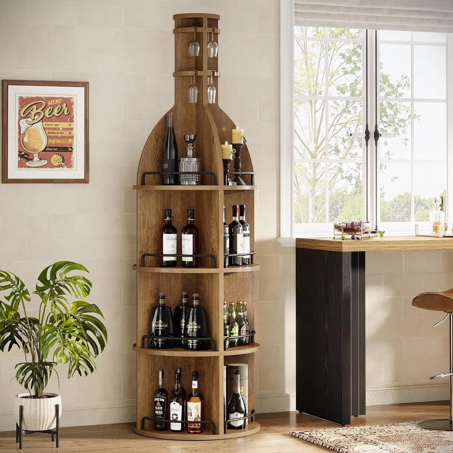75 Inch Tall Freestanding Round Wine Storage Cabinet in Brown, Industrial Style Liquor Display Rack with Multi-Tier Storage Shelves & Built-In Hanging Goblet Holder, No Light Beverage Bar Station for Living Room & Basement