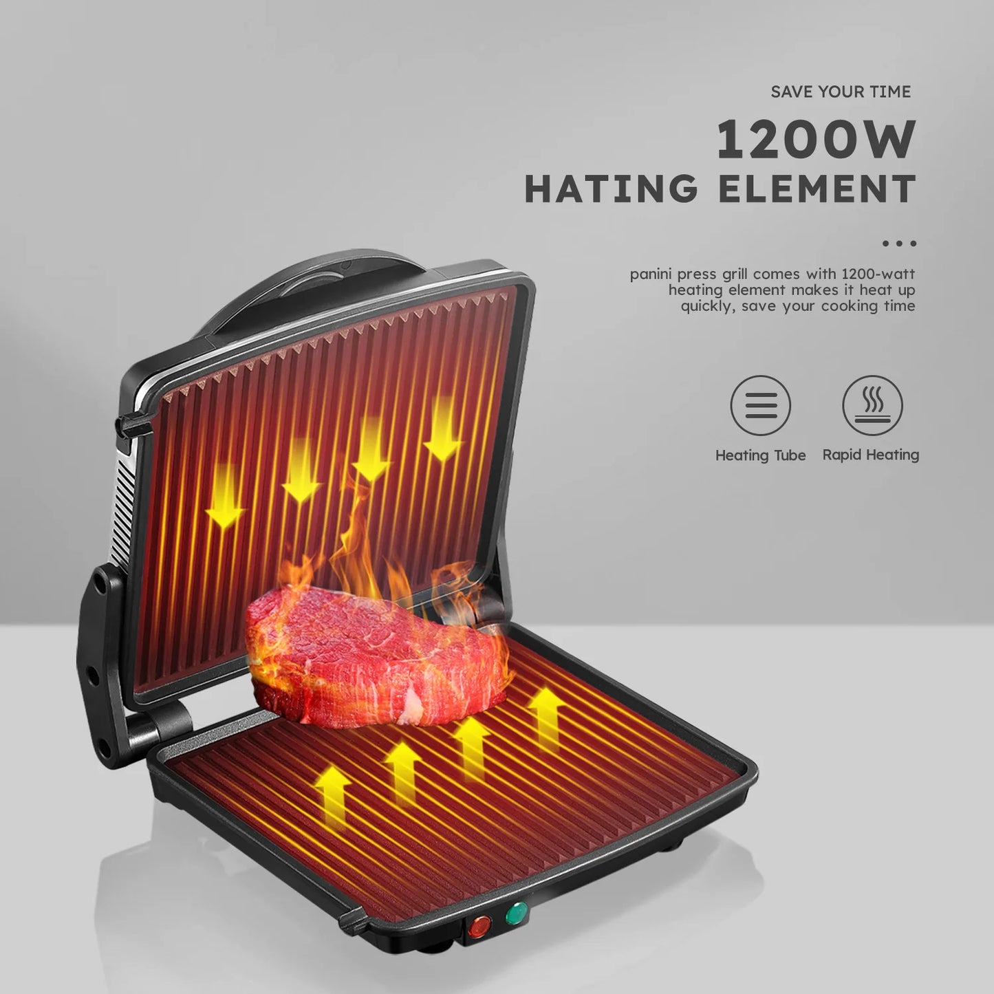 Stainless Steel Panini Press & Sandwich Maker | Non-Stick Indoor Electric Grill with Detachable Drip Tray, Easy to Clean for Gourmet Sandwiches