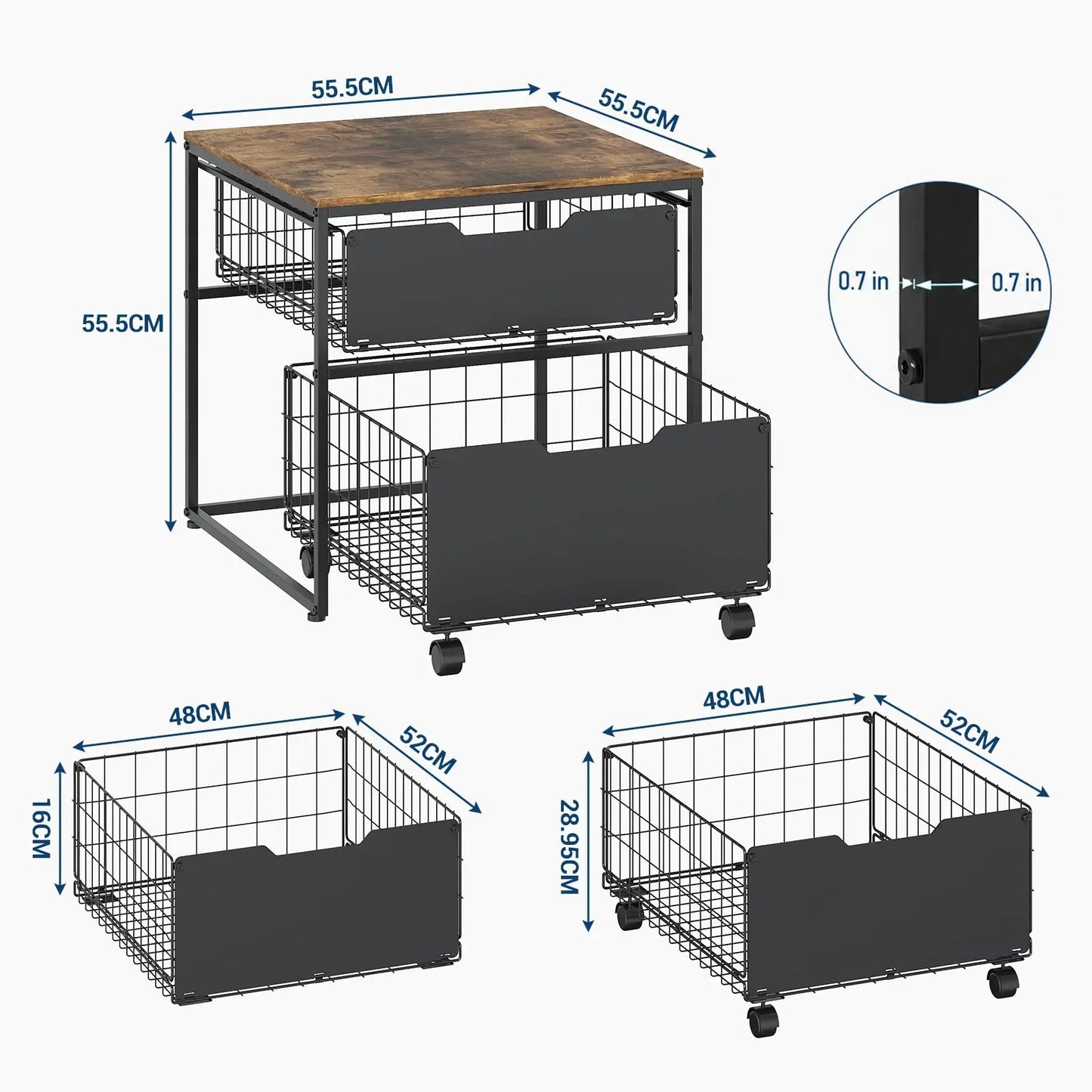 Small Fridge Stand With Metal Storage Drawer Basket And Steel Frame 4 Wheels 300 Lbs Capacity Brown Compact Multi-Functional Kitchen Organizer Table For Mini Fridge In Dorm And Office