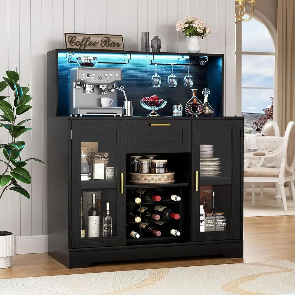 Wine Bar Cabinet with LED Light, Liquor Cabinet with Wine Rack and Glass Holder, Coffee Bar Cabinet, Sideboard Table