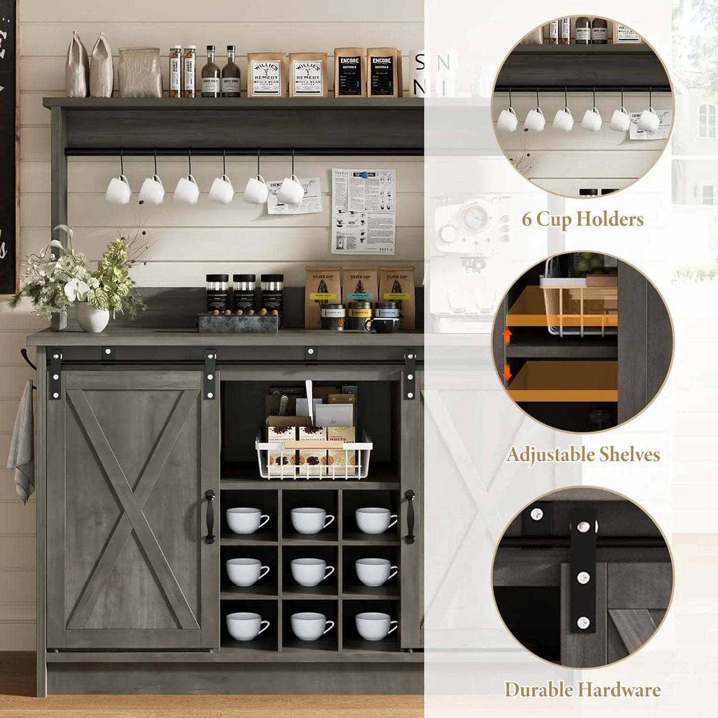 Grey 47 Inch Farmhouse Coffee Bar Cabinet with Attached Hutch, Freestanding Wine Storage Buffet Sideboard Equipped with Adjustable Inner Shelves & 9 Built-In Wine Bottle Racks, Multi-Compartment Beverage Console for Kitchen,