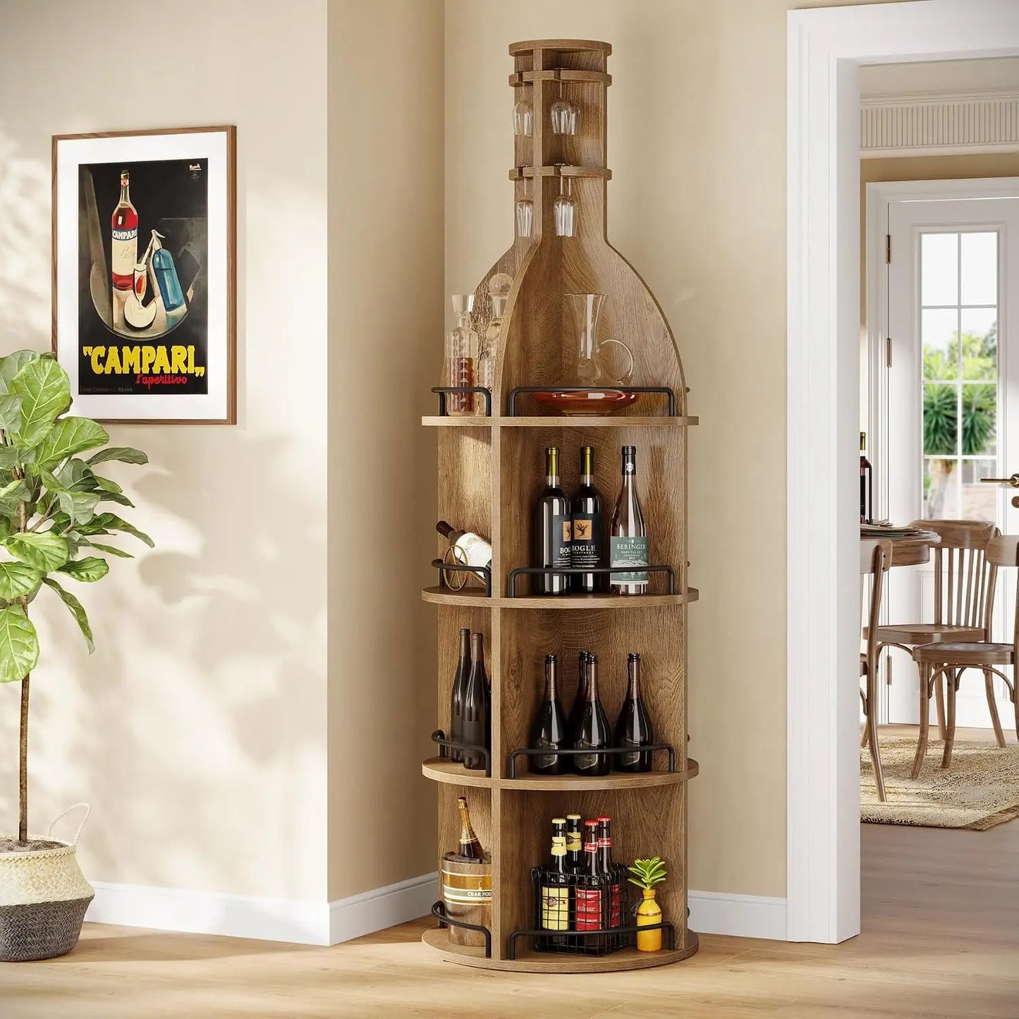 75 Inch Tall Freestanding Round Wine Storage Cabinet in Brown, Industrial Style Liquor Display Rack with Multi-Tier Storage Shelves & Built-In Hanging Goblet Holder, No Light Beverage Bar Station for Living Room & Basement