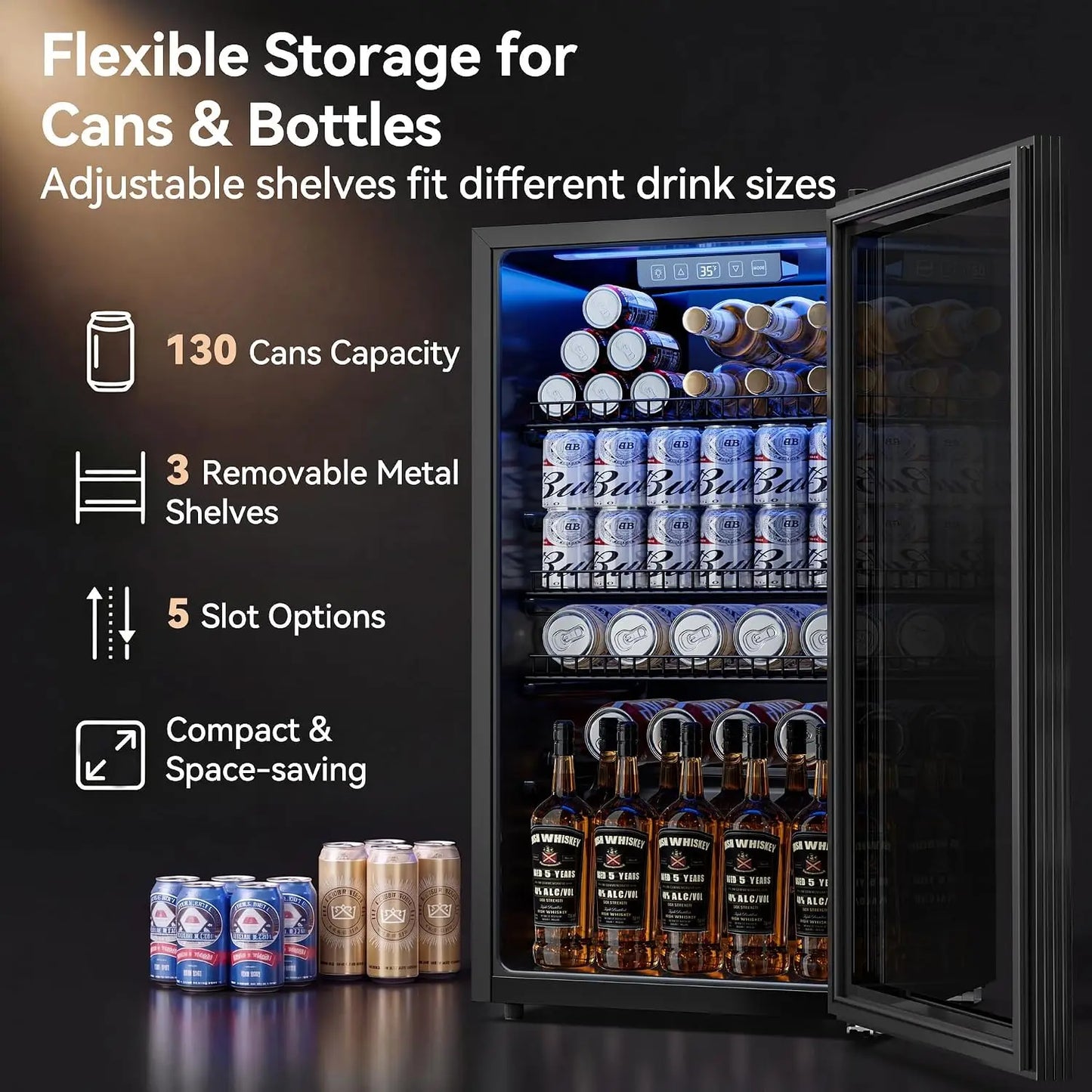 130 Can Mini Beverage Fridge with Glass Door, Cooler Refrigerator for Wine Beer Drink, Adjustable, Custom