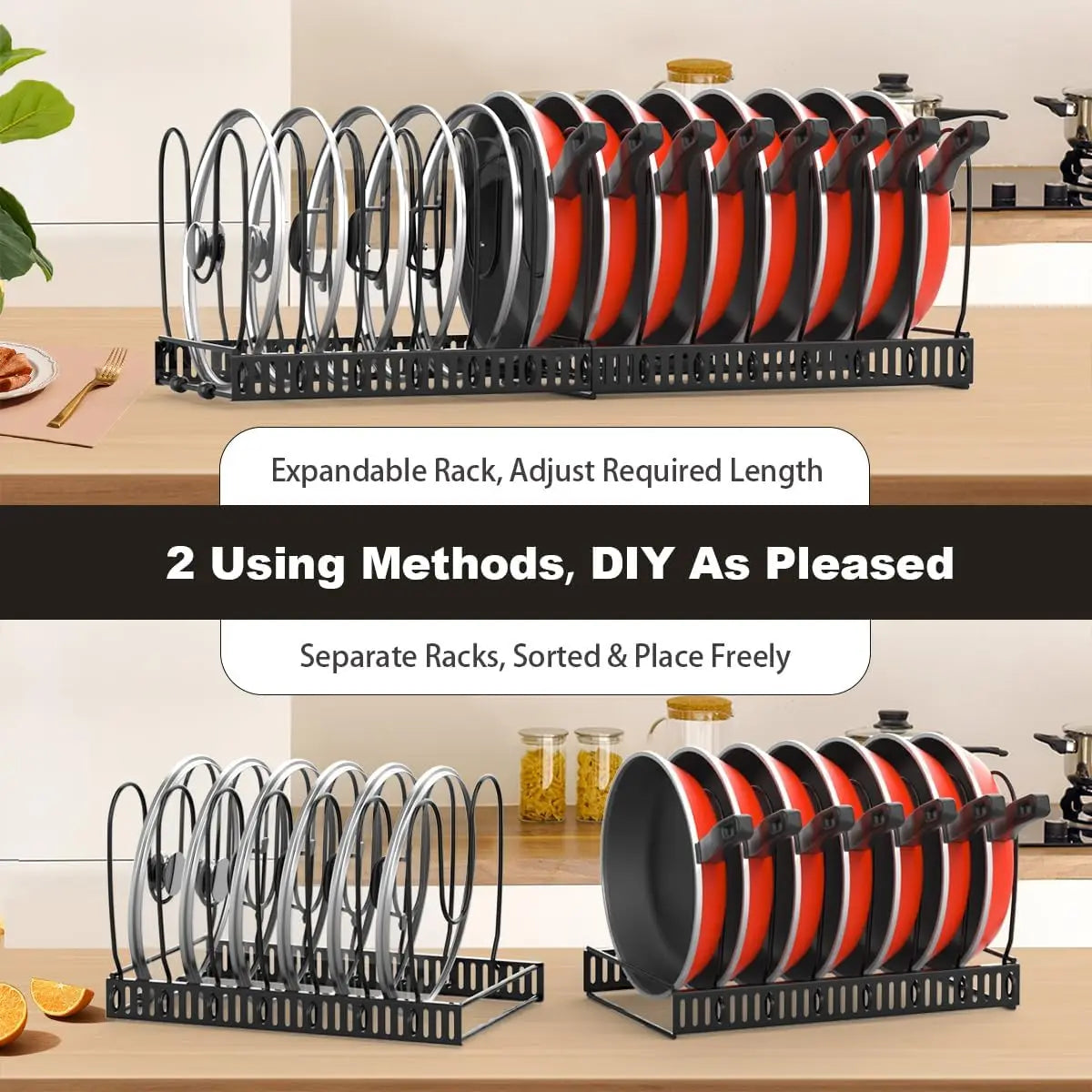Pot and Pan Organizer Rack for Cabinet Expandable Pot Lid Organizer Holder with 10 Adjustable Dividers
