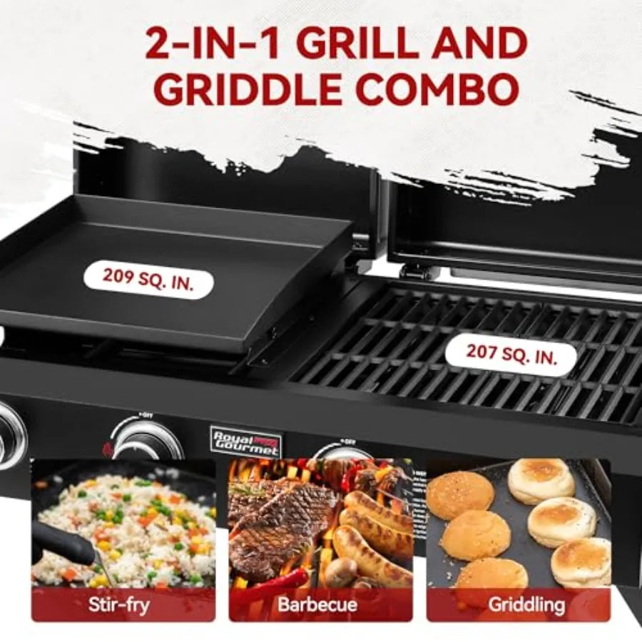 4 Burner Propane Gas Grill and Griddle Combo with Hood, 2-in-1 Portable Grill Griddle Combo with 40, 000 BTUs Output