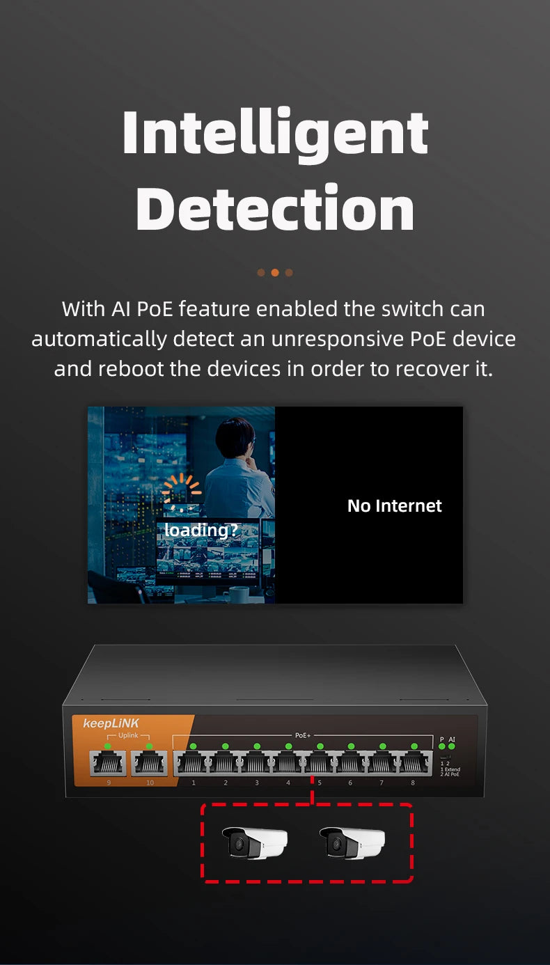 KeepLiNK 10-Port Gigabit Ethernet Switch with 8-PoE Ports and 2-RJ45 Copper Uplink Plug and Play