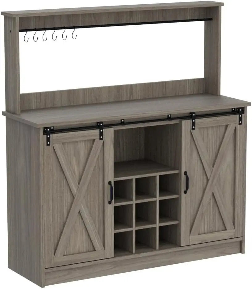 Grey 47 Inch Farmhouse Coffee Bar Cabinet with Attached Hutch, Freestanding Wine Storage Buffet Sideboard Equipped with Adjustable Inner Shelves & 9 Built-In Wine Bottle Racks, Multi-Compartment Beverage Console for Kitchen,