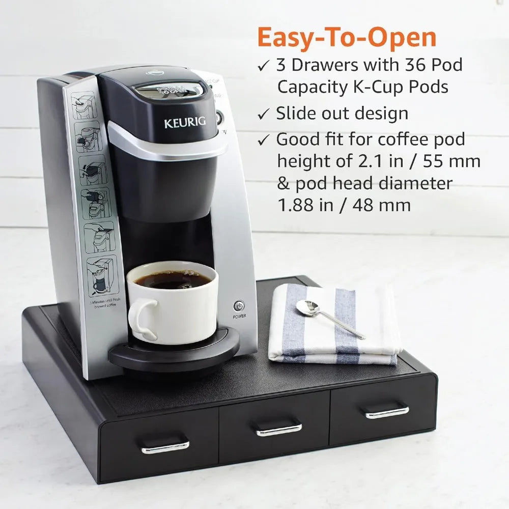 36-Slot Coffee Pod Storage Drawer, 3 Easy-Open Drawers, Black, Compact Design