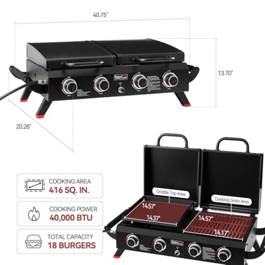 4 Burner Propane Gas Grill and Griddle Combo with Hood, 2-in-1 Portable Grill Griddle Combo with 40, 000 BTUs Output