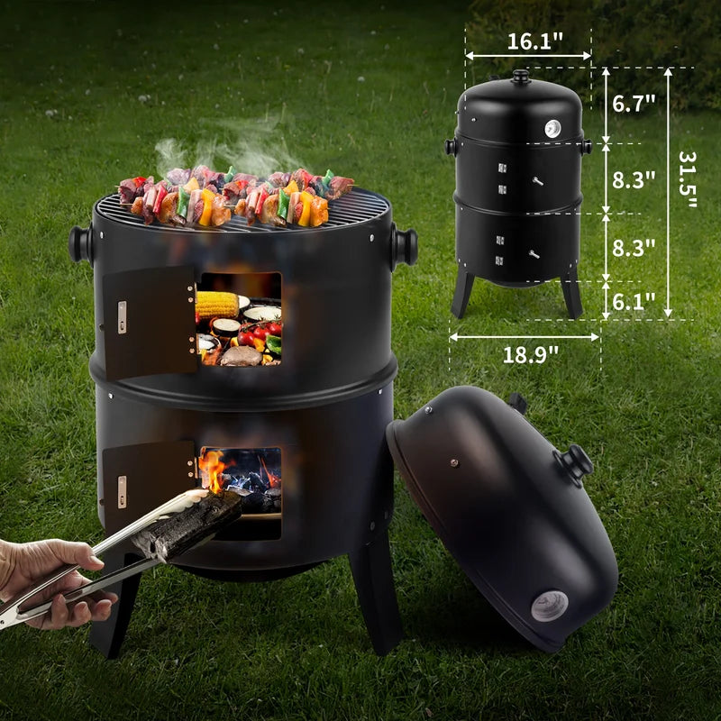 Charcoal Smoker Grill 3-in-1 Outdoor Vertical Smoker Portable Meat Cooking Appliance