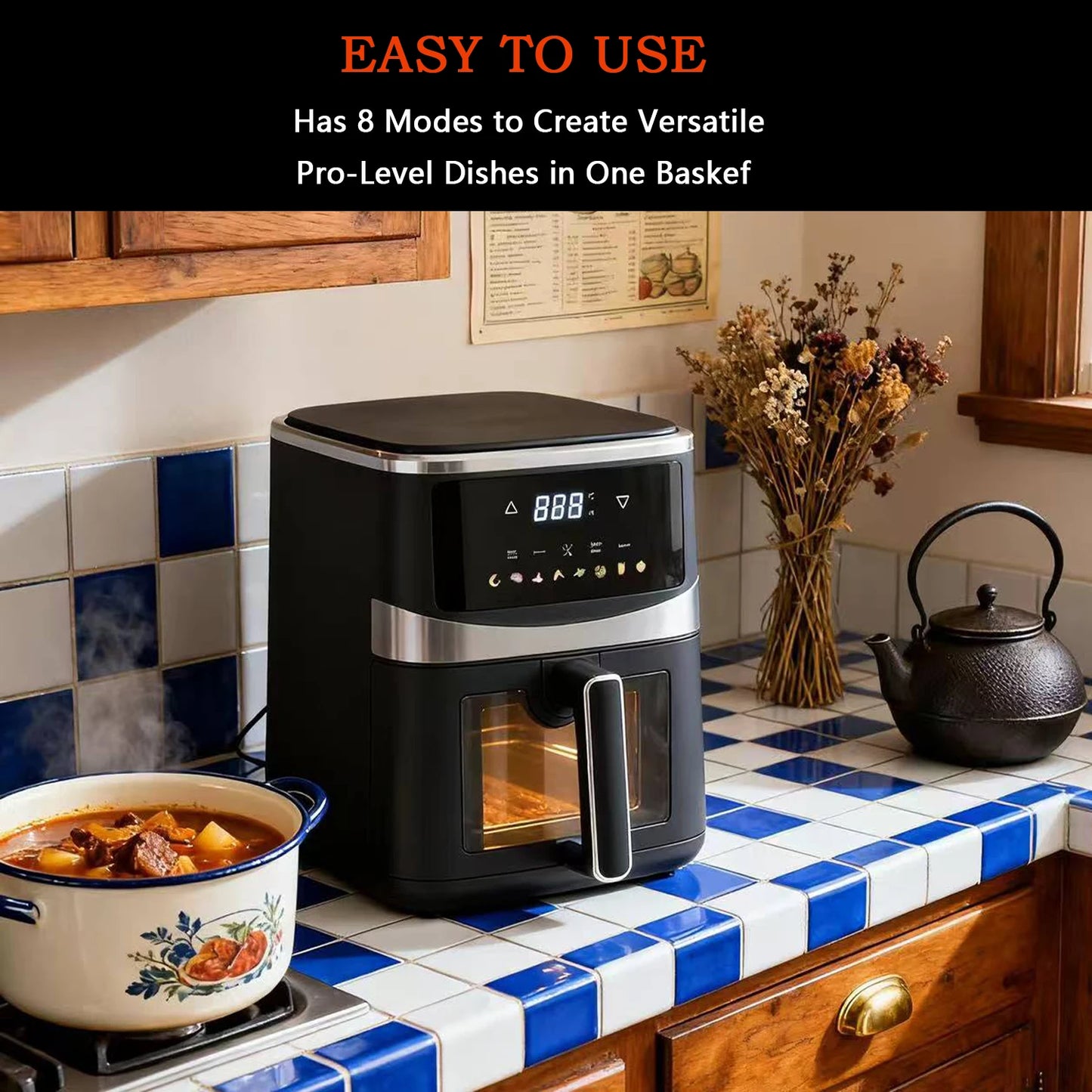 Air Fryer with Viewing Window 5.28 QT,8-in-1 Multi-Function(Air Fry,Roast,Bake,Reheat,Dehydrate) plus 8 One-Touch Presets for Wings,Fries,Steak and More,85% Less Oil Cooking for Families