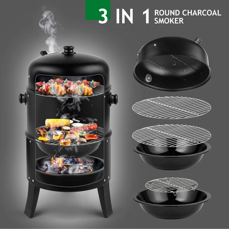 Charcoal Smoker Grill 3-in-1 Outdoor Vertical Smoker Portable Meat Cooking Appliance