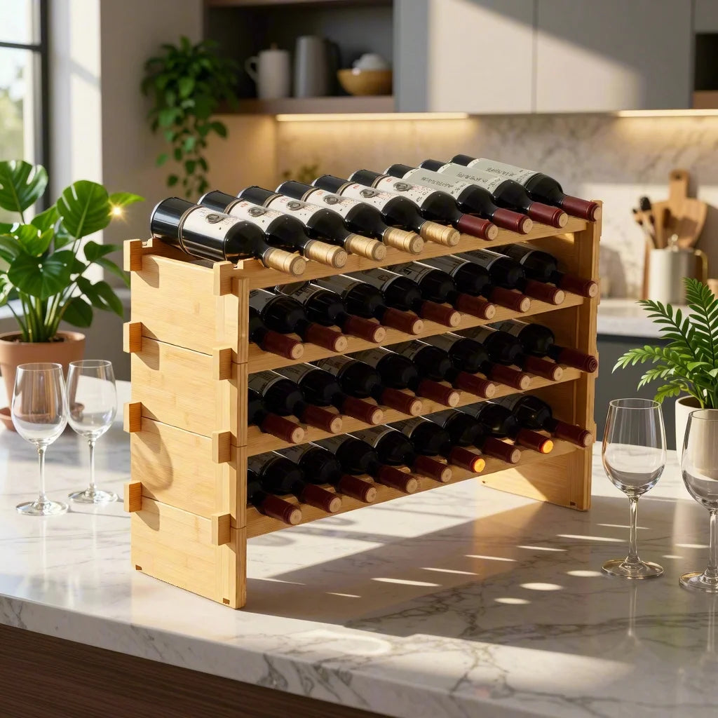 36-Bottle Stackable Wine Rack Natural Bamboo Storage Shelf Stable Organizer for 750ML Bottles Gift for Wine Lovers