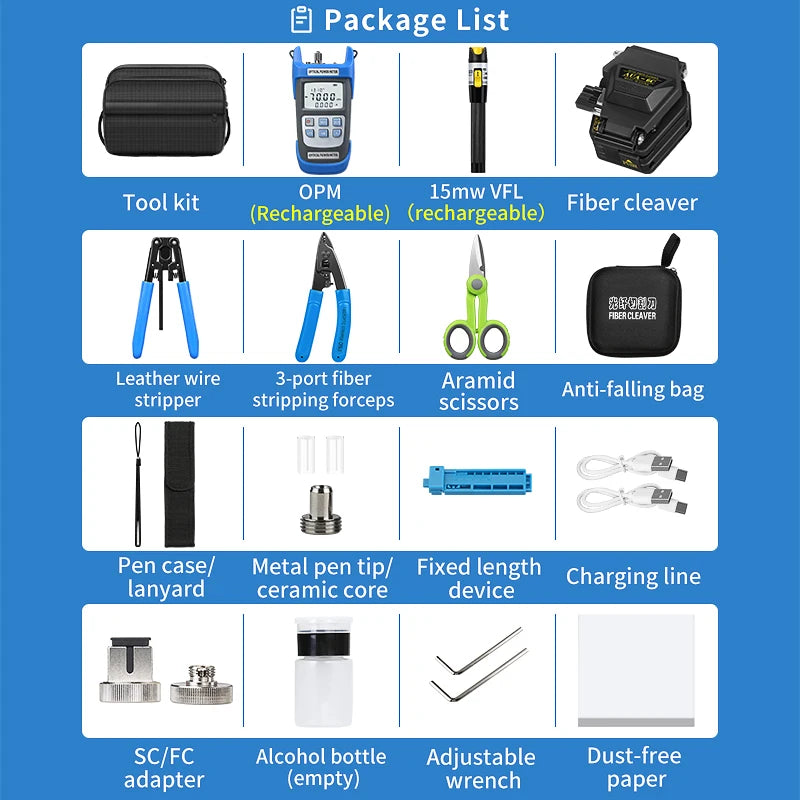 Fiber Optic Tool Kit With AUA-6C Fiber Cleaver Fiber Stripper Rechargeable Optical Power Meter 15MW Visual Fault Locator
