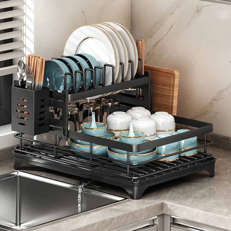 Stainless Steel Dish Drying Rack Adjustable Kitchen Plates Organizer with Drainboard Over Sink Plate Drainer Storage Organizer