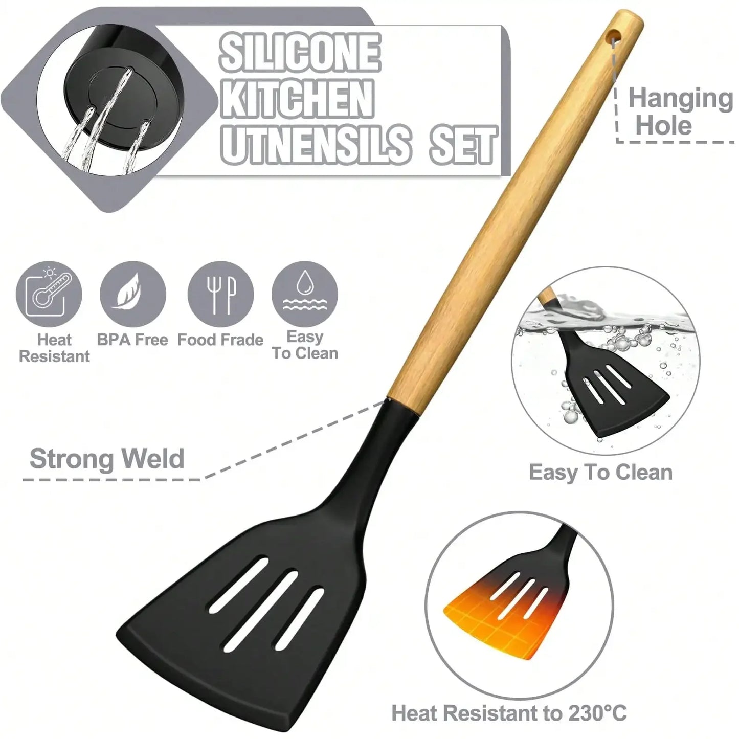 Kitchen Utensils Set- 34PCS Silicone Cooking Utensils With Holder, Heat Resistant Kitchen Utensil Spatula Set For Nonstick Cookware, Black Wooden Handles Kitchen Gadgets Tools Set - Perfect For Thanksgiving, Christmas, New Ye